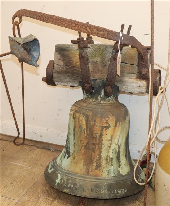 A Victorian cast bronze church bell with clanger and rope pull from St. Bartz Church, Spithurst, Barcombe, makers name J. Warner and S